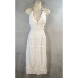 Sea Spice Halter Midi Dress Medium Peruvian Cotton Smocked Crochet Coastal Beach